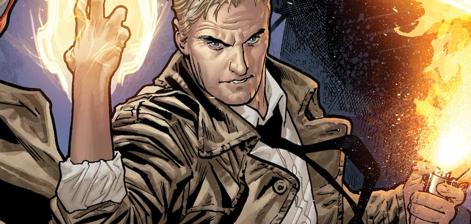 John Constantine in a tan trench coat using magic and holding a flame