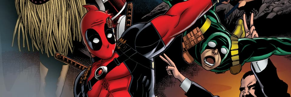 Deadpool in his red-and-black suit and mask in official Marvel comic artwork