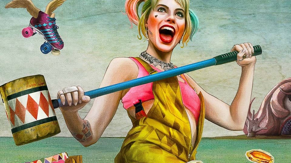 Harley Quinn with pink-and-blue pigtails holding her oversized mallet