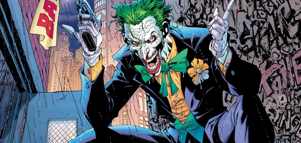 The Joker with white skin, green hair, and a wide grin in official DC comic artwork