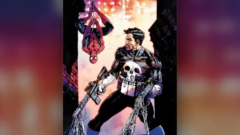 Punisher in a black suit with his large white skull emblem in official Marvel comic artwork