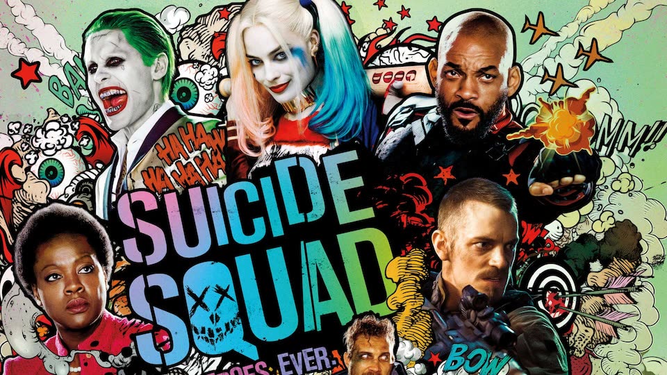 The Suicide Squad team, including Harley Quinn, Deadshot, Joker, and Amanda Waller