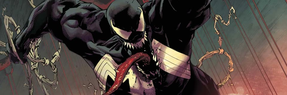 Venom, the black symbiote with white eyes, sharp teeth, and a long tongue