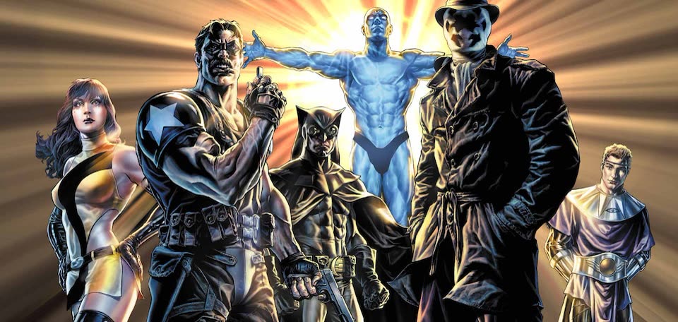 The Watchmen team, including Doctor Manhattan, Rorschach, Nite Owl, and Silk Spectre